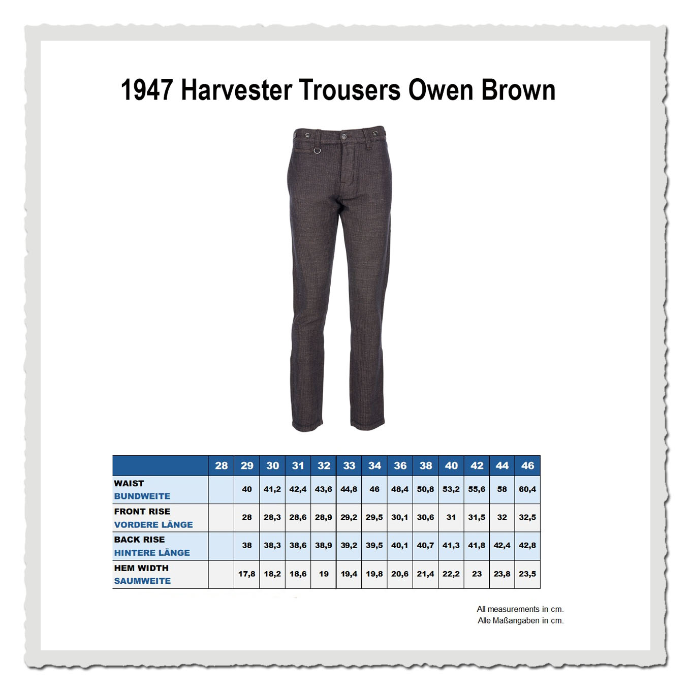 Masstabelle der Pike Brothers 1947 Harvester Trousers Owen Brown